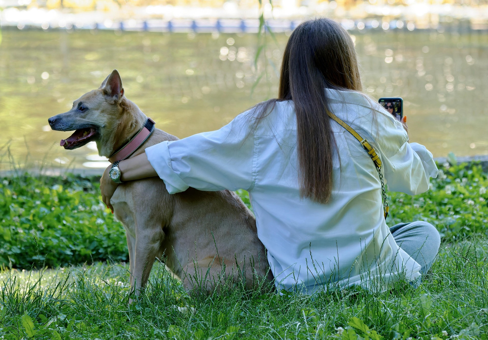 水辺で愛犬に寄り添う女性